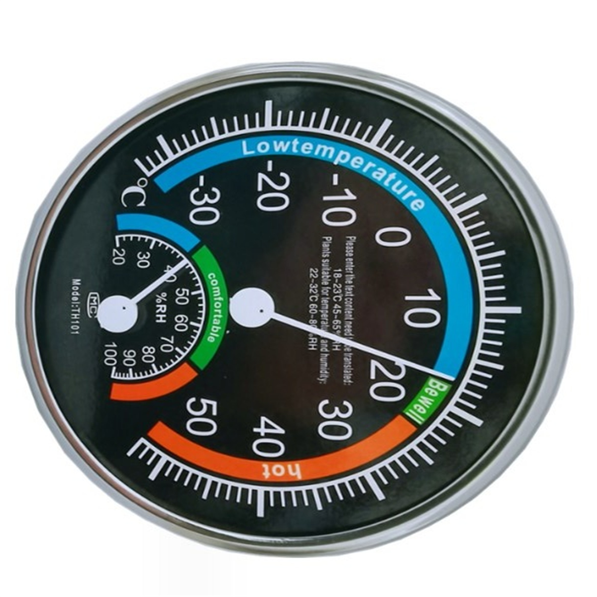 Ein runder Thermometer mit Temperatur- und Feuchtigkeitsskalen. Es ist auf weißem Hintergrund.