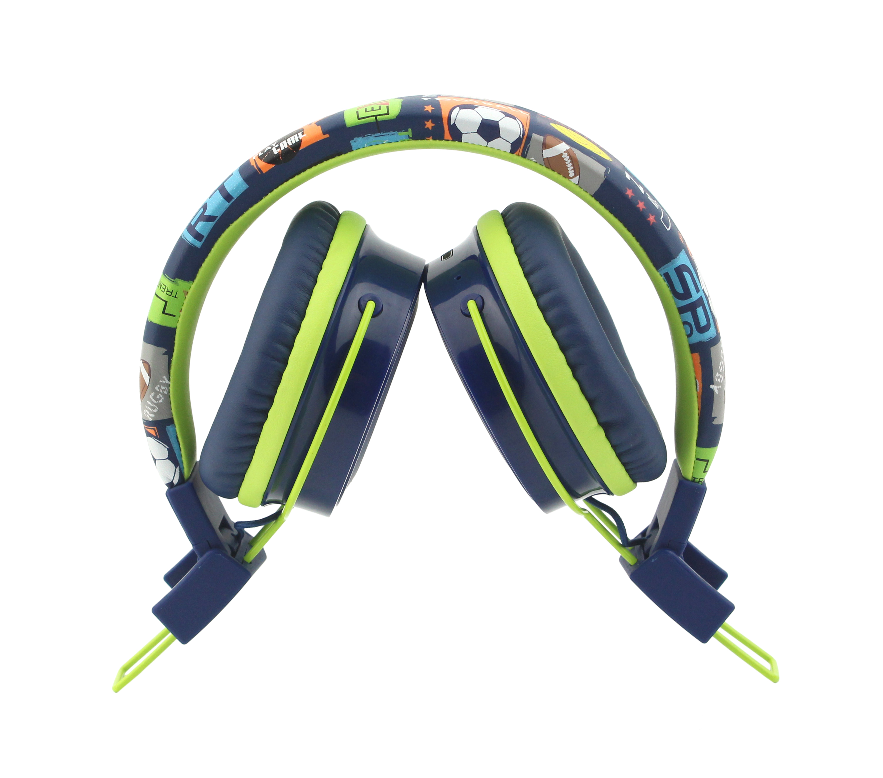 Blaue und grüne Kopfhörer mit Sportmotiv. Das Kopfband hat Sportgrafiken. Weißer Hintergrund.
