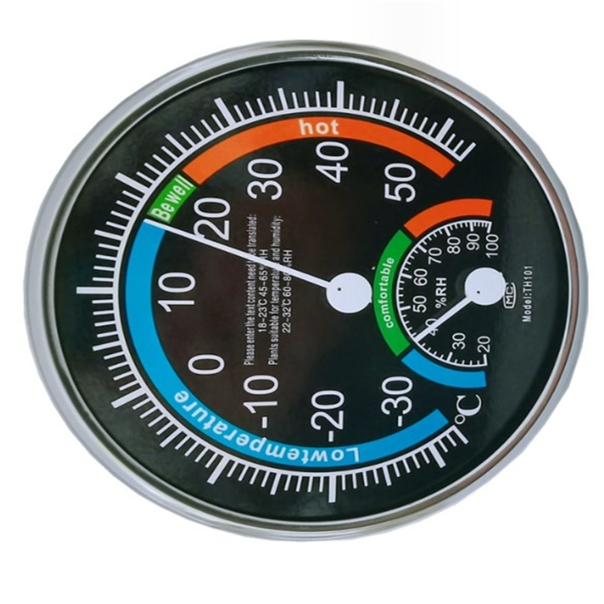 Rundes Thermometer mit Temperatur- und Feuchtigkeitsskalen, schwarzem Zifferblatt und silbernem Rahmen.