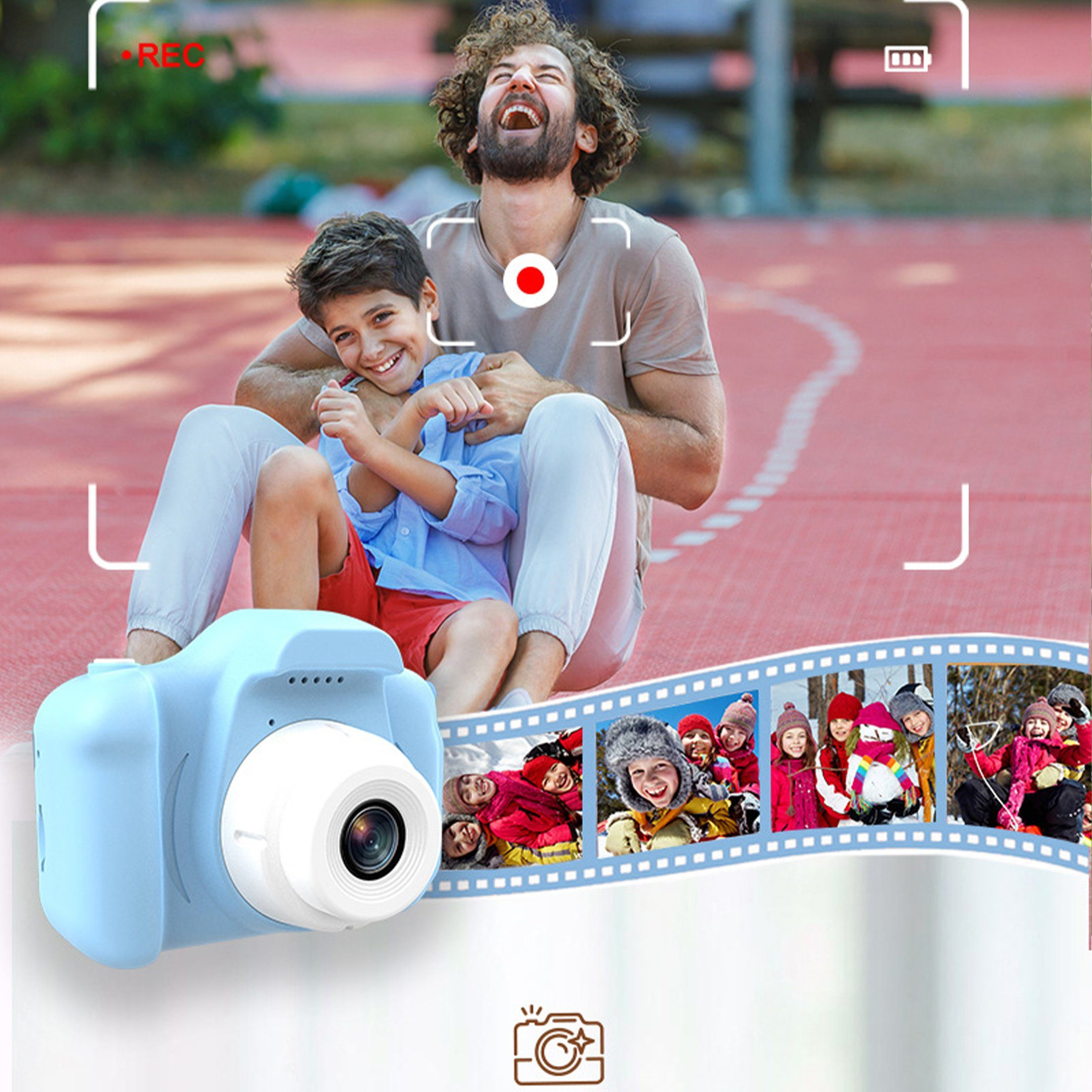 Ein Kind und ein Mann lachen, halten eine blaue Kamera. Ein Bildstreifen zeigt Fotos anderer Kinder.