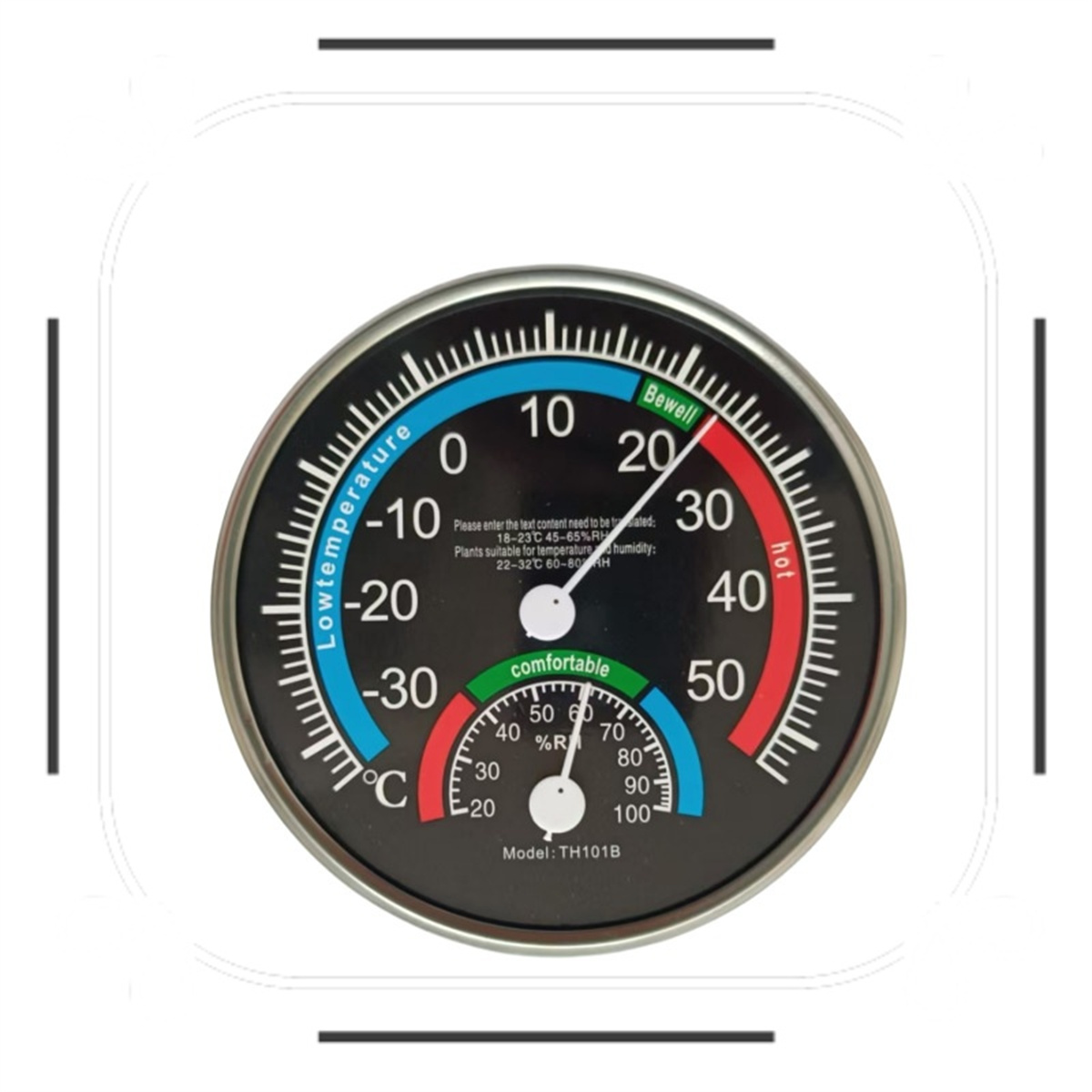 Ein schwarzes Thermometer mit rundem Zifferblatt. Es hat Temperatur- und Feuchtigkeitsanzeigen.