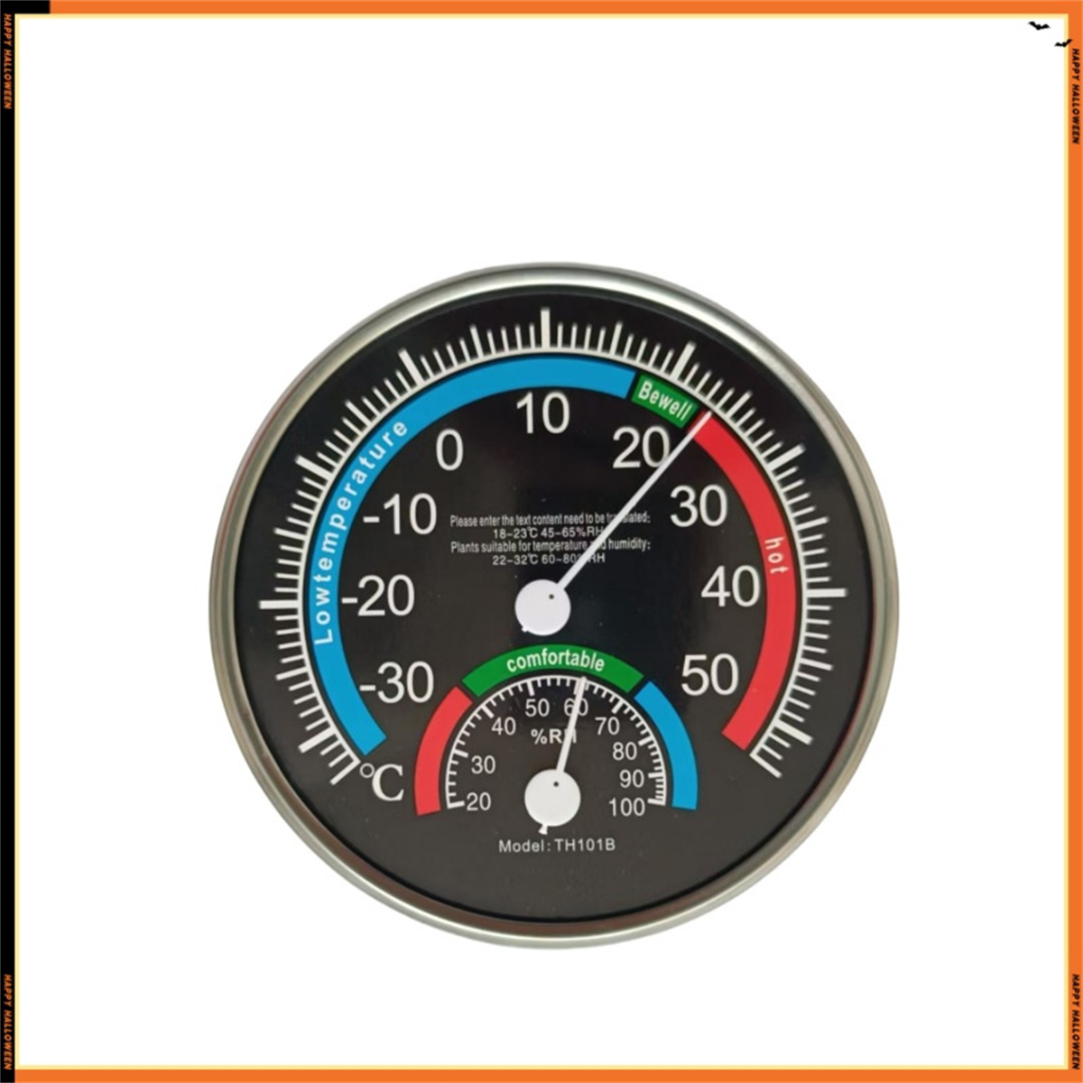 Thermometer mit Temperatur- und Feuchtigkeitsmessgeräten, schwarzes Zifferblatt, weißer Hintergrund.