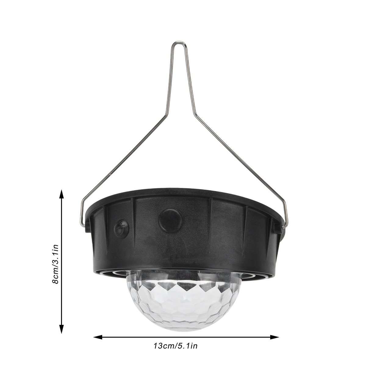 Eine schwarze und transparente kugelförmige Lampe mit Aufhängebügel.