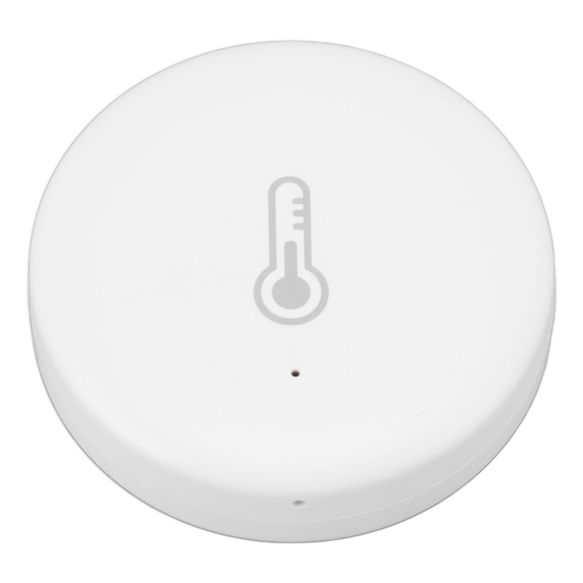 Weißes, kreisförmiges Gerät mit Thermometer-Symbol. Es hat ein kleines Loch.