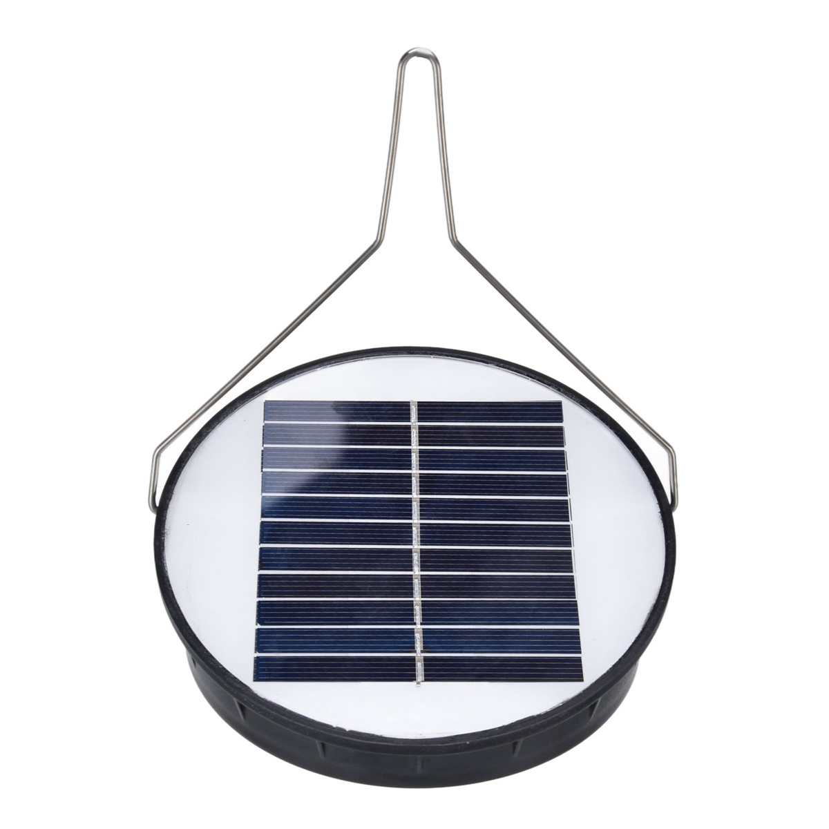 Solarpanel mit Metallgriff. Es hat einen schwarzen Rand und ein Raster aus dunkelblauen Quadraten.