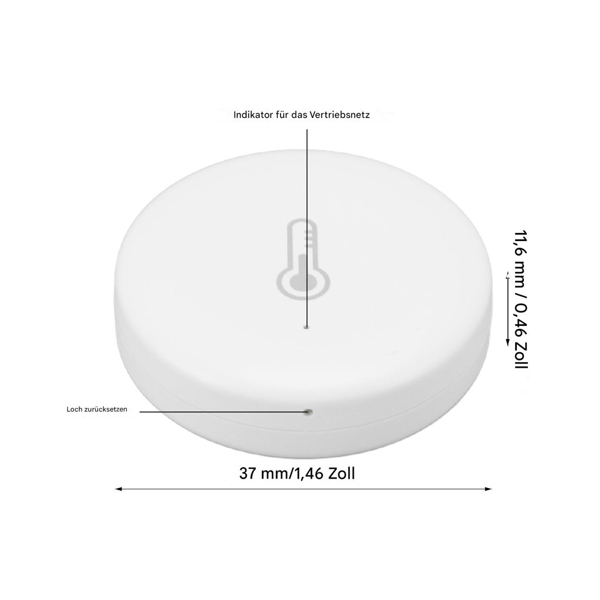 Weißes rundes Gerät mit Messungen und Text auf Deutsch. Hat ein Thermometersymbol.