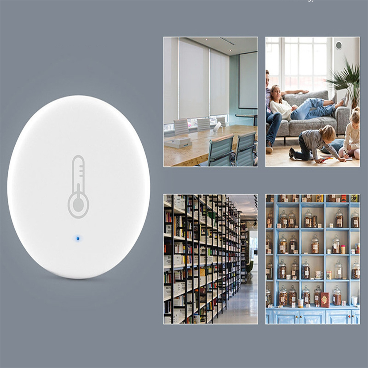 Weißes Smart-Home-Gerät mit Thermometer-Symbol. Umgeben von Innenszenen: Bibliothek, Wohnzimmer usw.