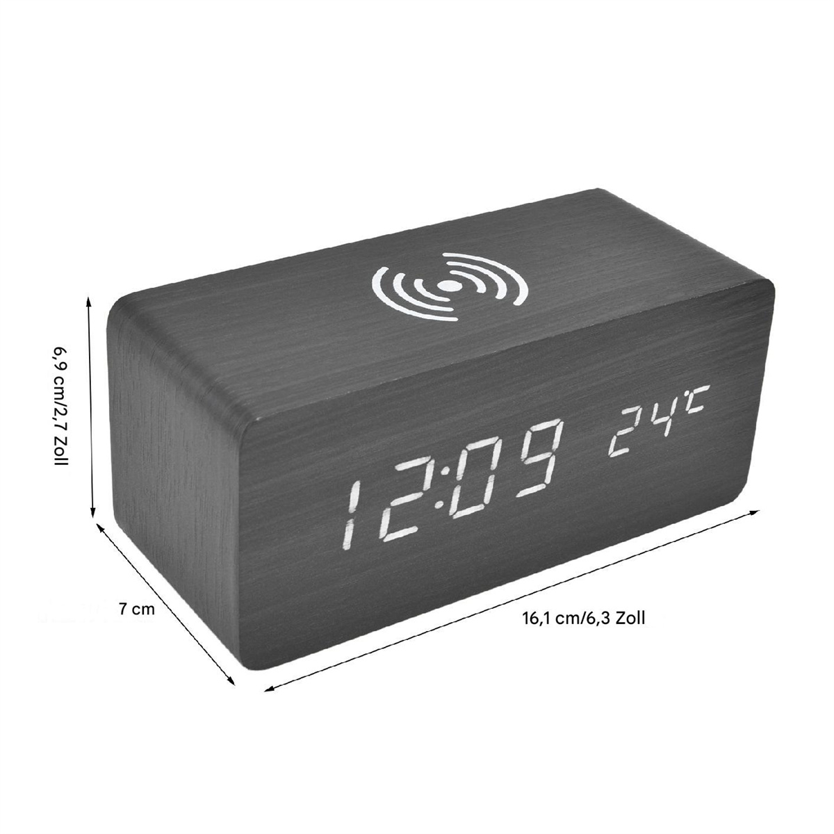 Eine rechteckige digitale Holzuhr mit der Anzeige 12:09 und 24°C, mit einem drahtlosen Ladesymbol oben.