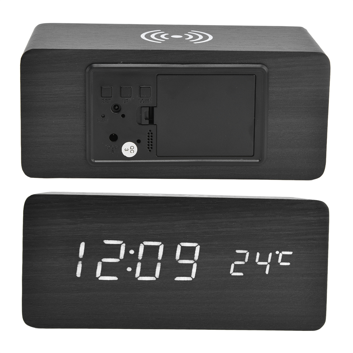 Schwarze digitale Holzuhr mit weißen Zahlen, zeigt Zeit und Temperatur.