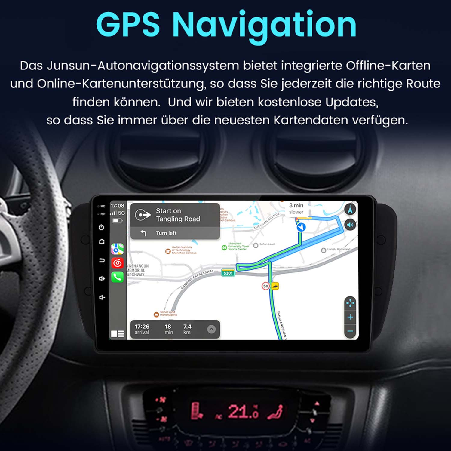 Deska rozdzielcza samochodu z nawigacją GPS. Ekran pokazuje mapę z trasą i wskazówkami.