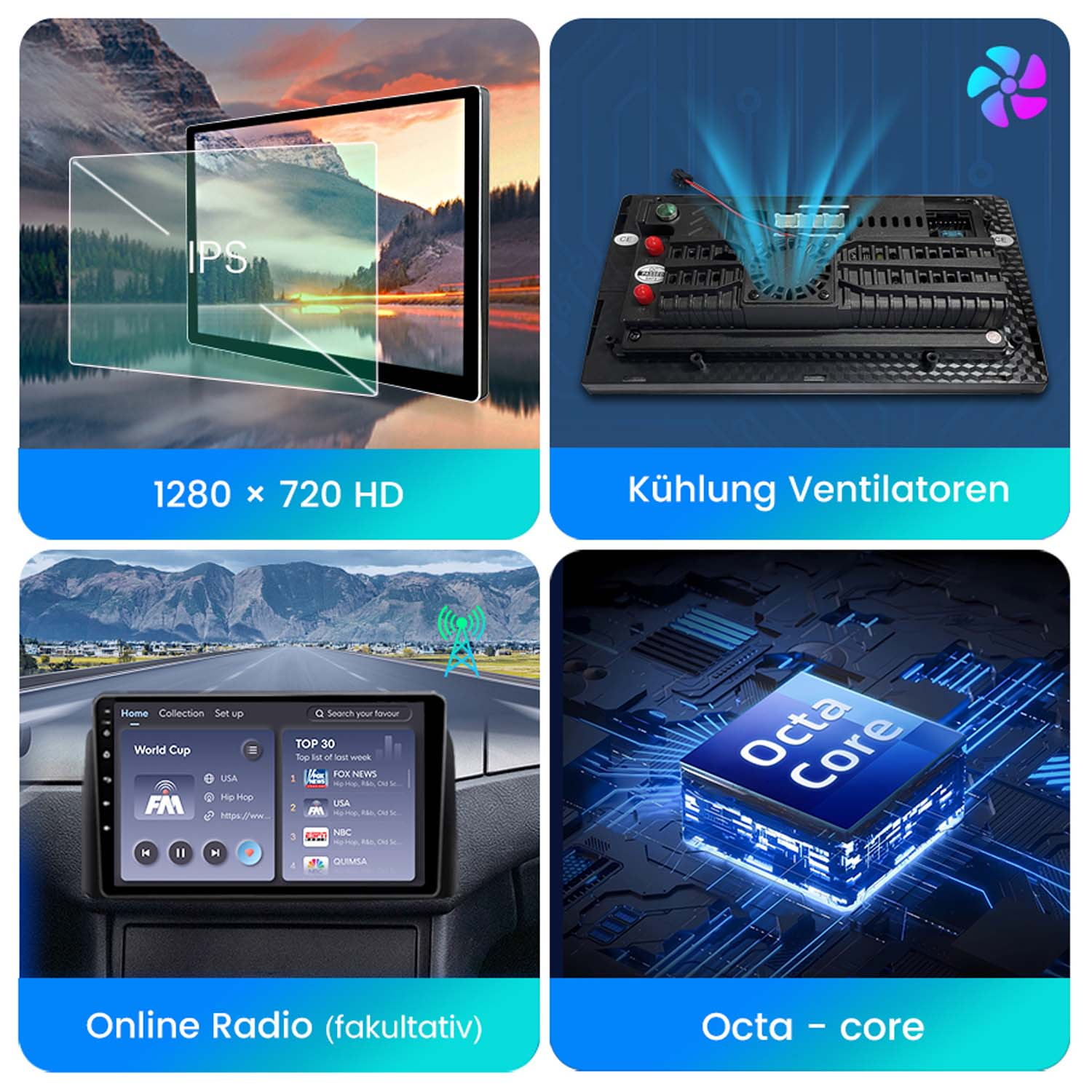 Cztery obrazy z tekstem, w tym ekran, wentylator, radio i procesor Octa-Core.