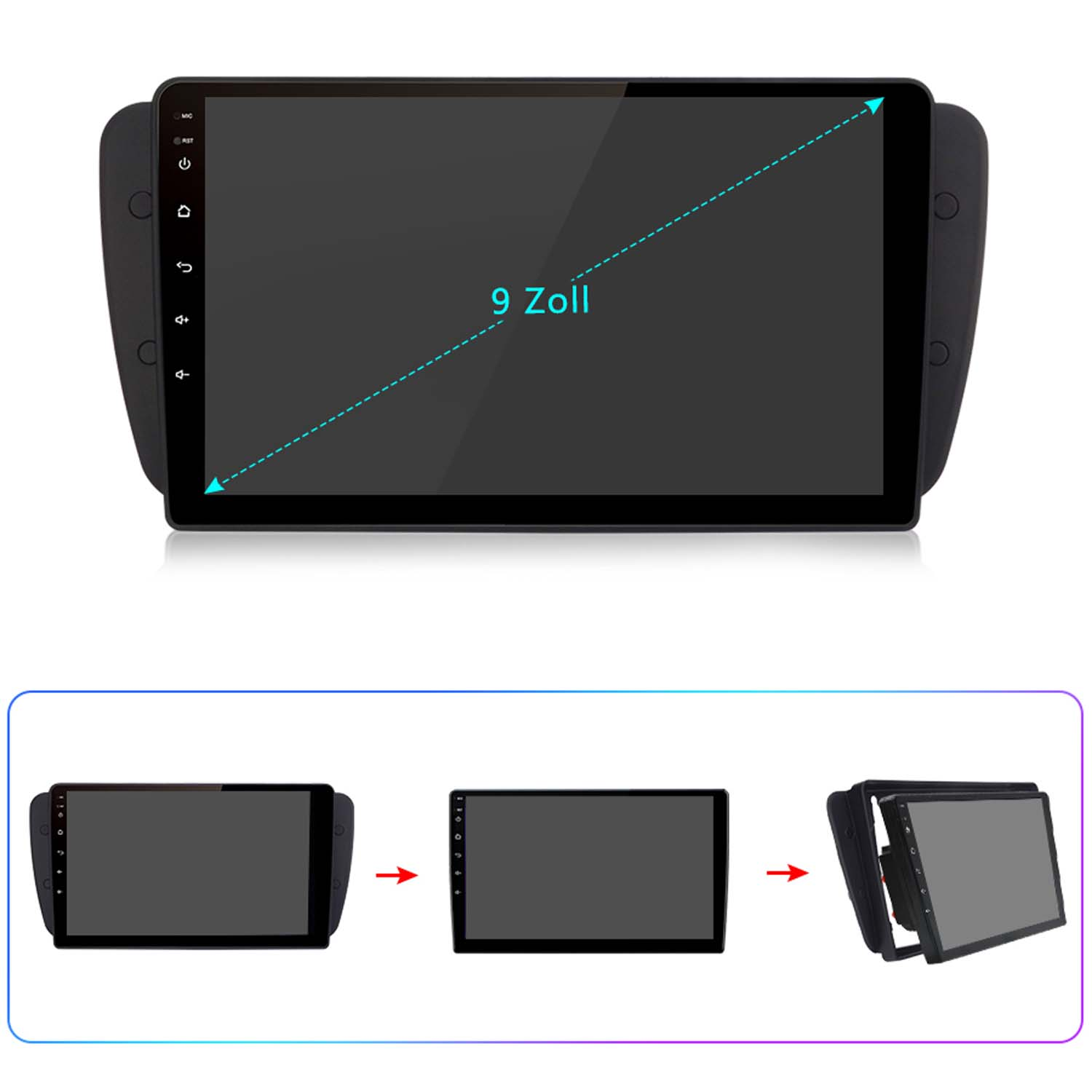 Auto-Multimedia-System mit Touchscreen-Display und verschiedenen Bedientasten. Es ist schwarz.