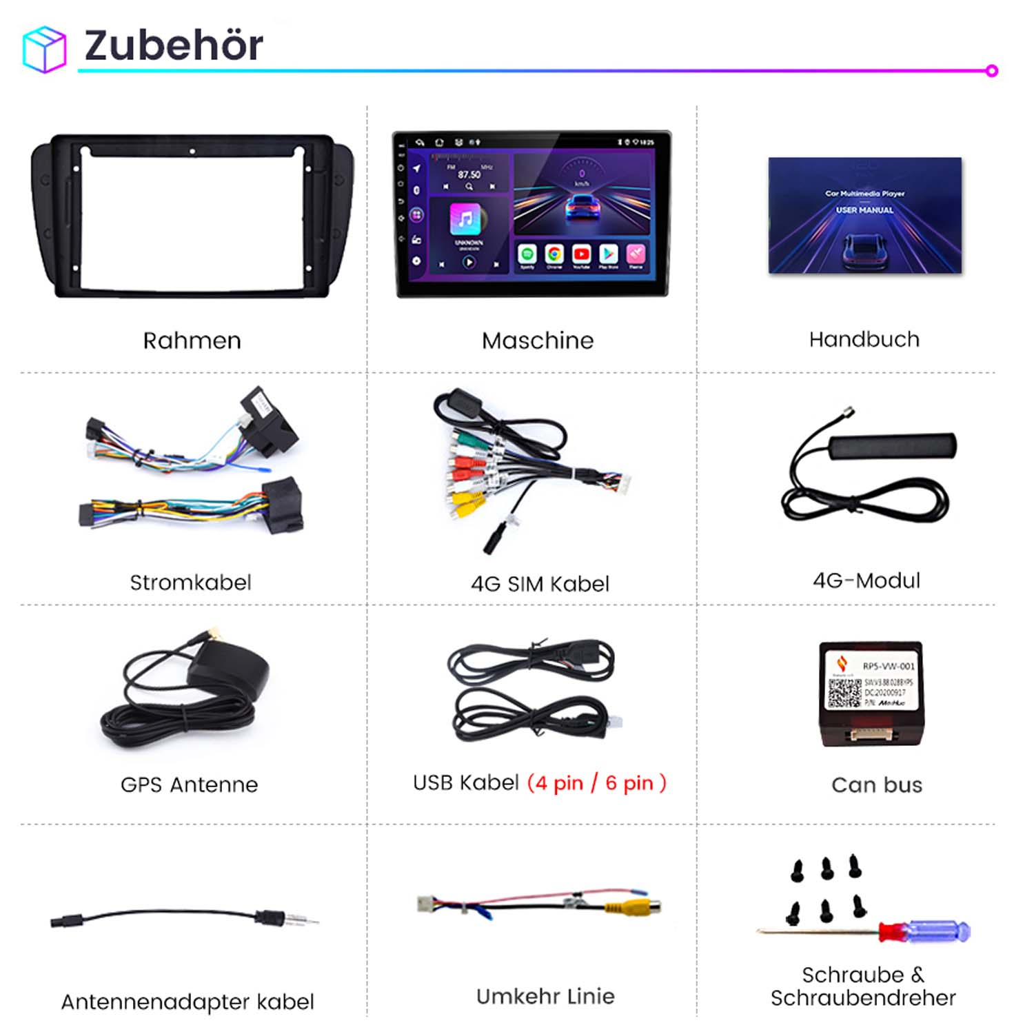 Verschiedenes Zubehör und Komponenten für Auto-Multimedia, einschließlich Rahmen, Bildschirm und Kabel.