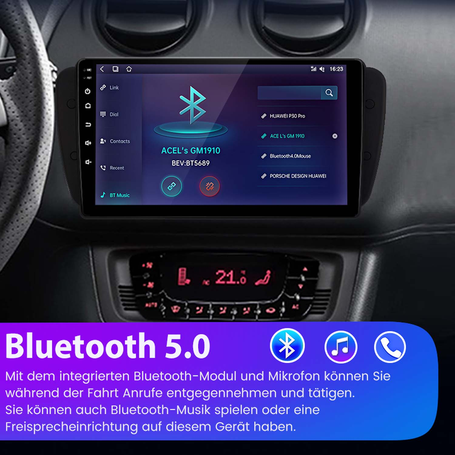 Samochodowy system multimedialny z Bluetooth 5.0. Pokazuje interfejs i informacje na ekranie.