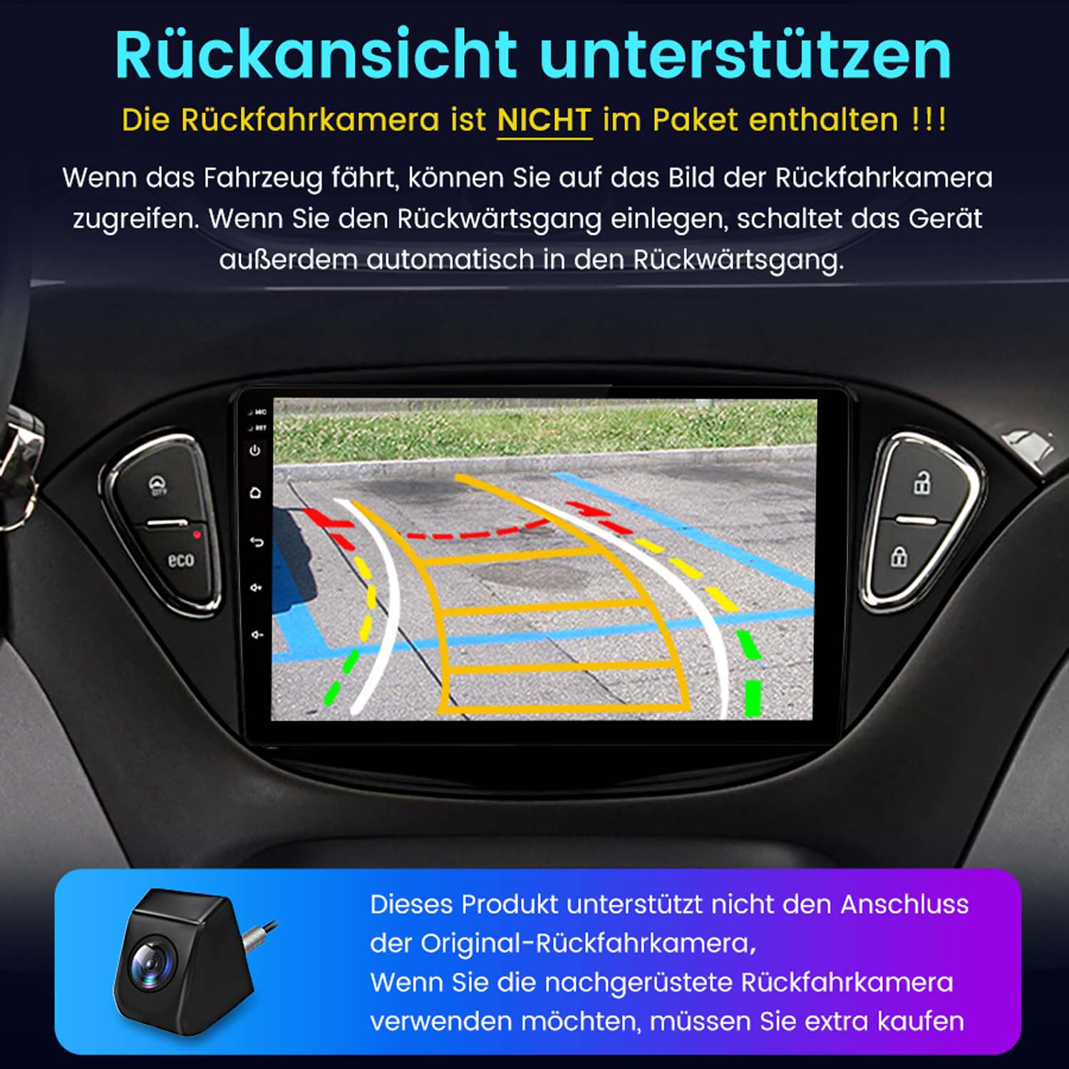 Autobildschirm mit Parklinien. Text auf Deutsch über die Rückfahrkamera-Funktionalität.