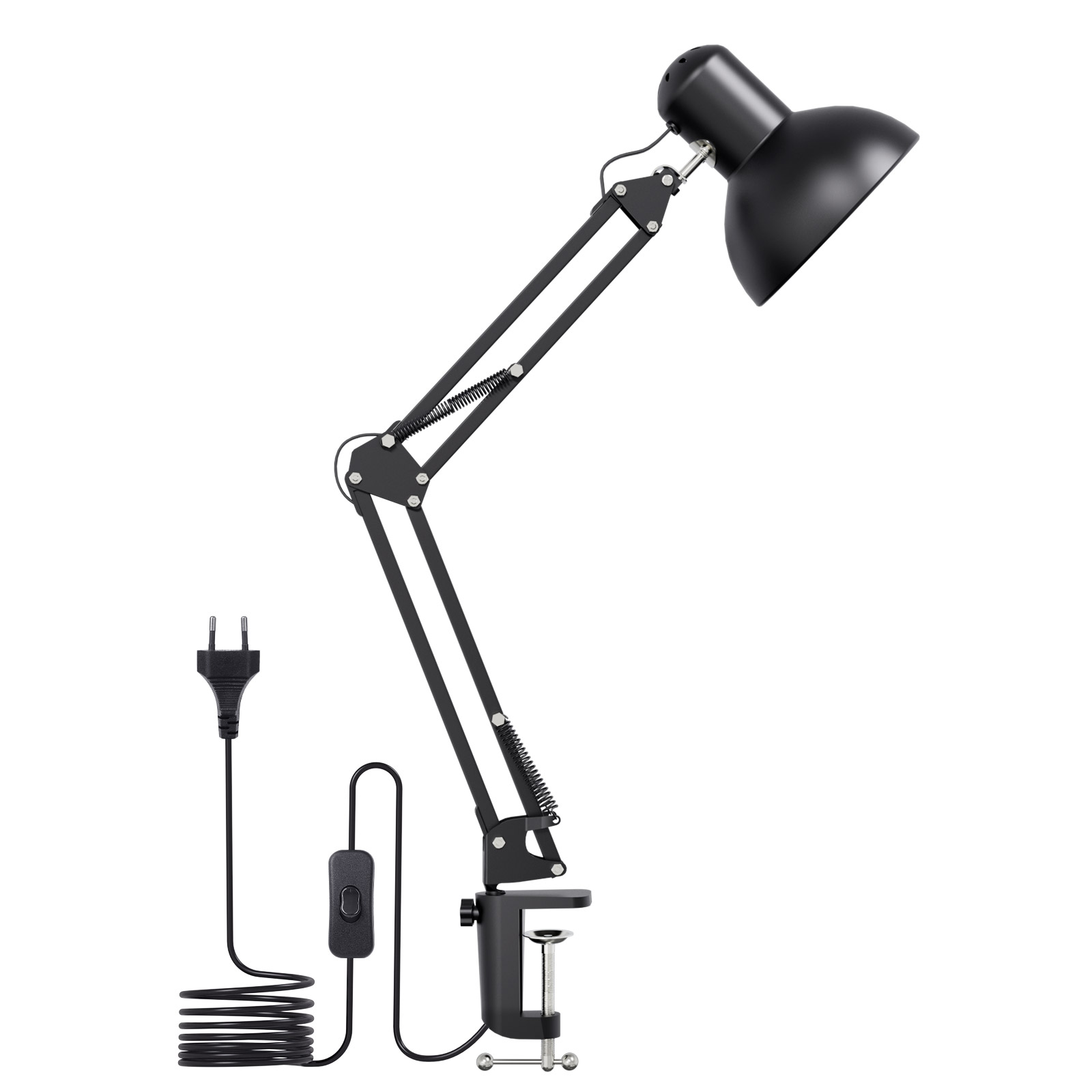 Eine schwarze Schreibtischlampe mit verstellbarem Arm, Klemme und Netzkabel.