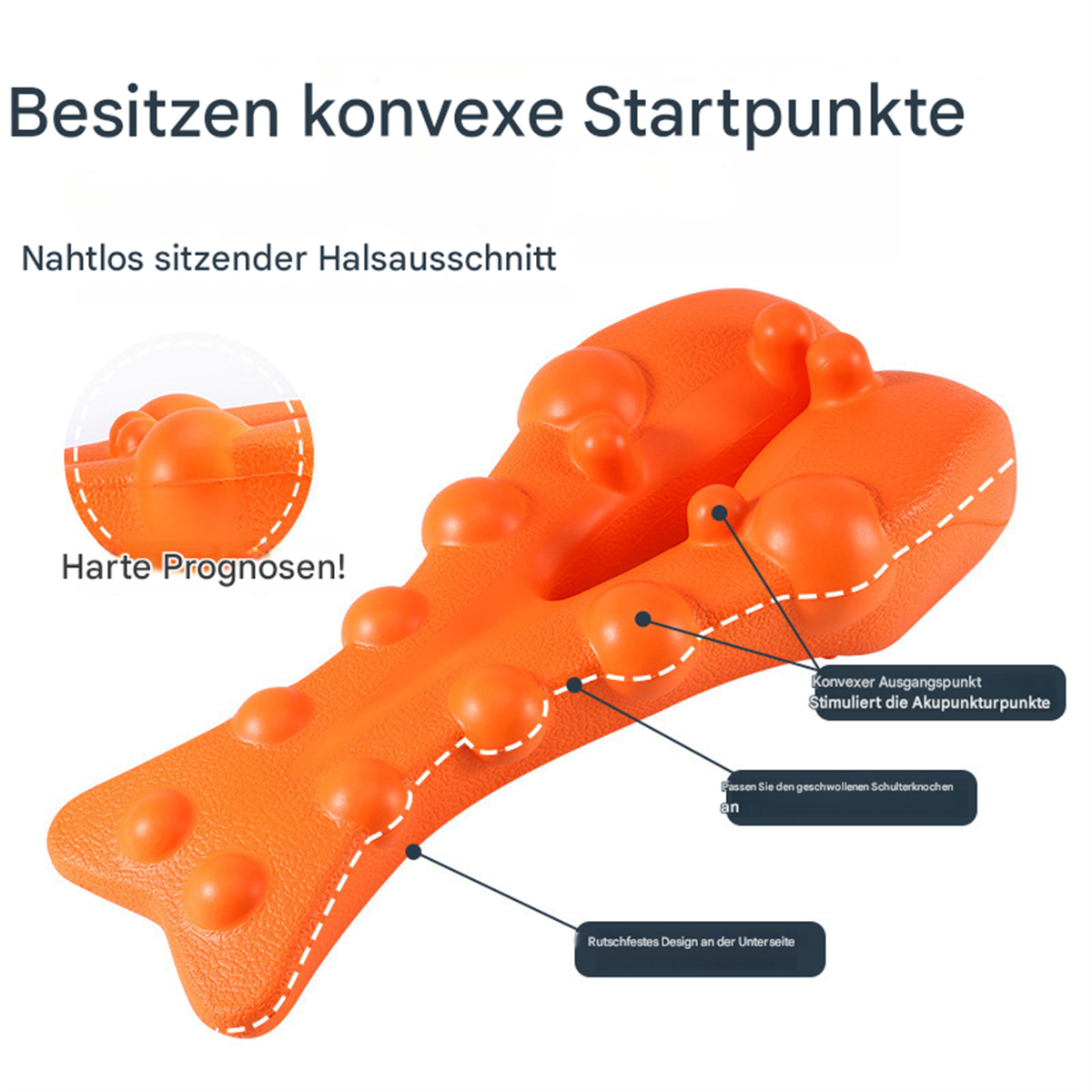 Ein oranges Massagegerät mit Noppen, beschriftet auf Deutsch, mit einer Abbildung.