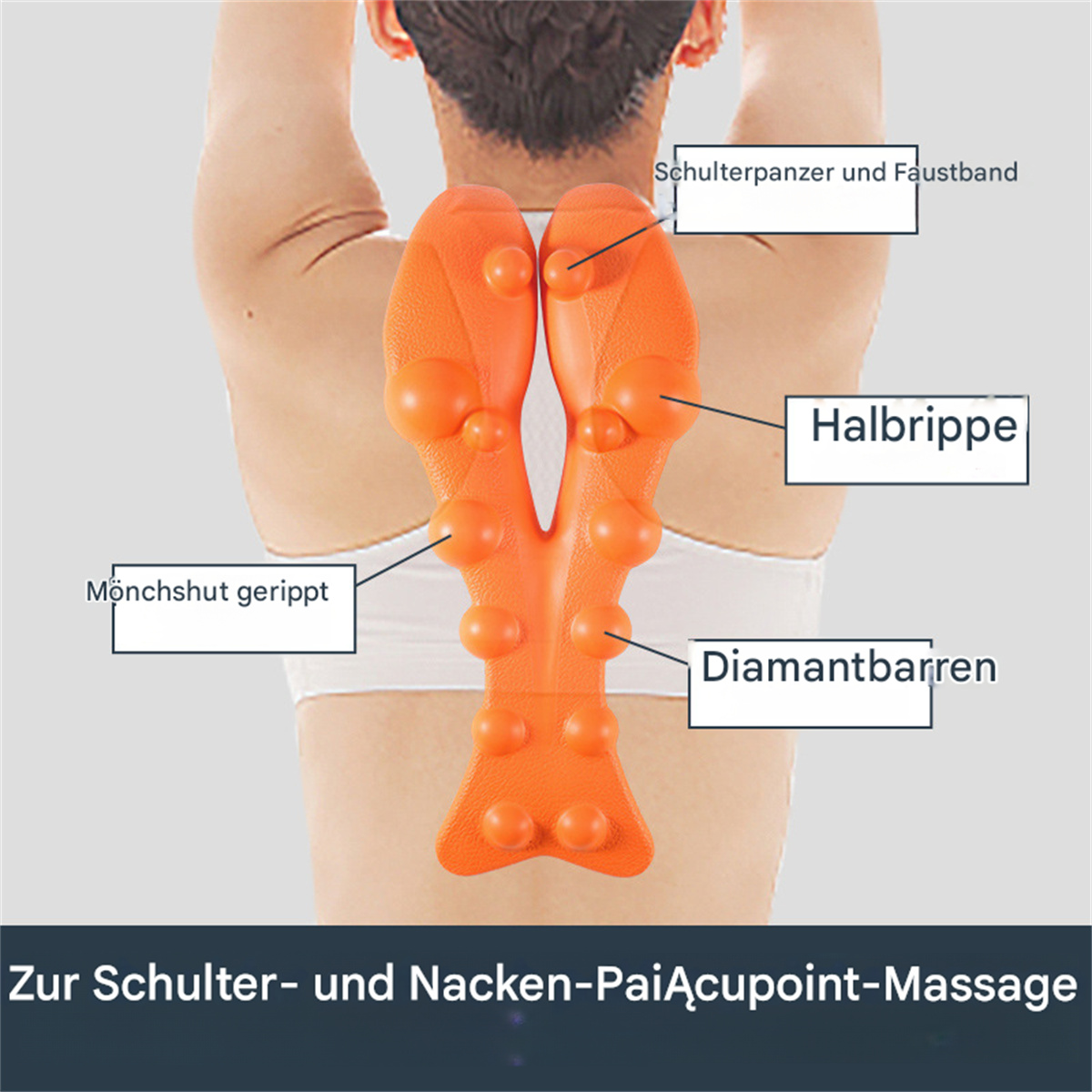Ein oranges Massage-Werkzeug mit beschrifteten Punkten. Im Hintergrund ist eine Person. Der Text ist auf Deutsch.