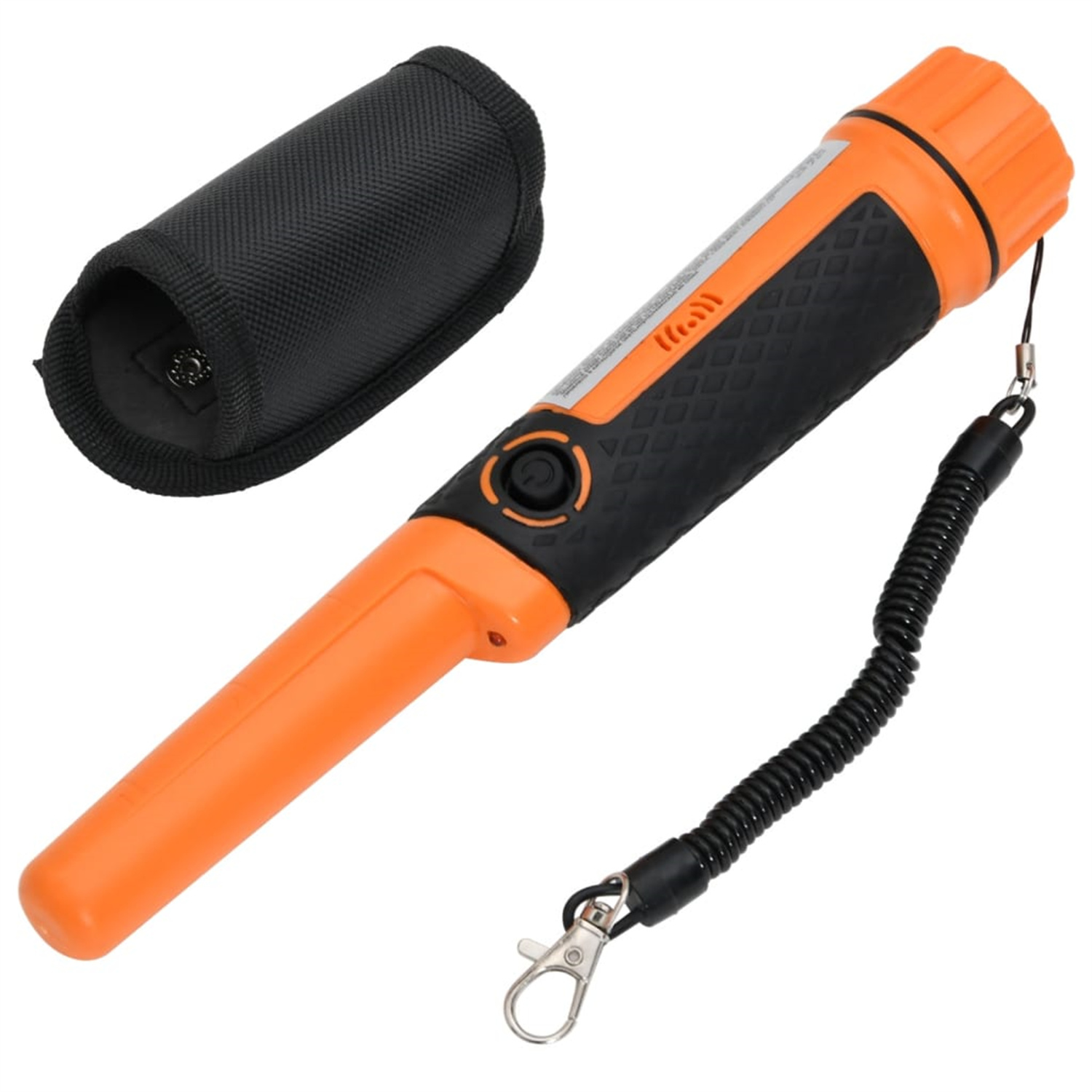 Orangener Metalldetektor mit schwarzem Griff, Spiralkabel und schwarzem Beutel.