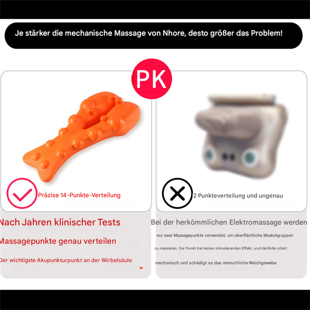 Oranges Massagegerät und ein anderes Gerät mit Text. Weißer Hintergrund.