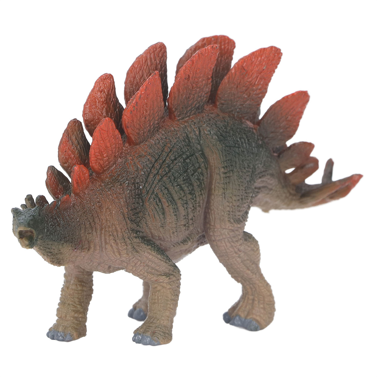 Stegosaurus-Spielzeug, grün und braun mit roten Platten. Isoliert, weißer Hintergrund, Seitenansicht.