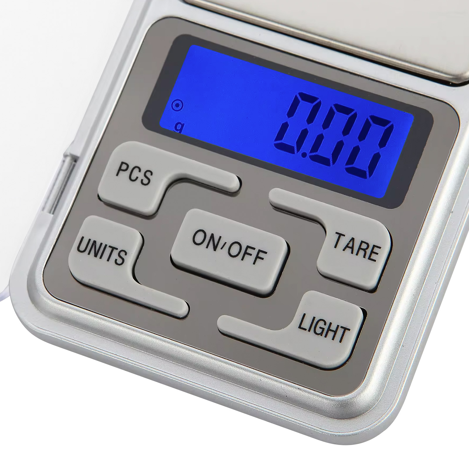 Digitale Waage, die 0,00 auf einem blauen Bildschirm anzeigt. Tasten für PCS, UNITS und andere Funktionen.