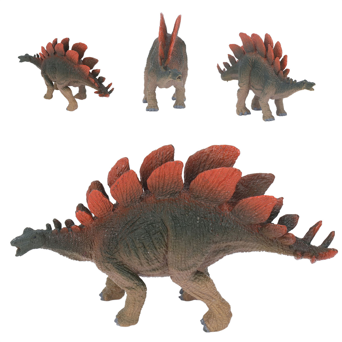 Mehrere Spielzeug-Stegosaurus-Dinosaurier, braun und rot, in verschiedenen Posen, auf weißem Hintergrund.
