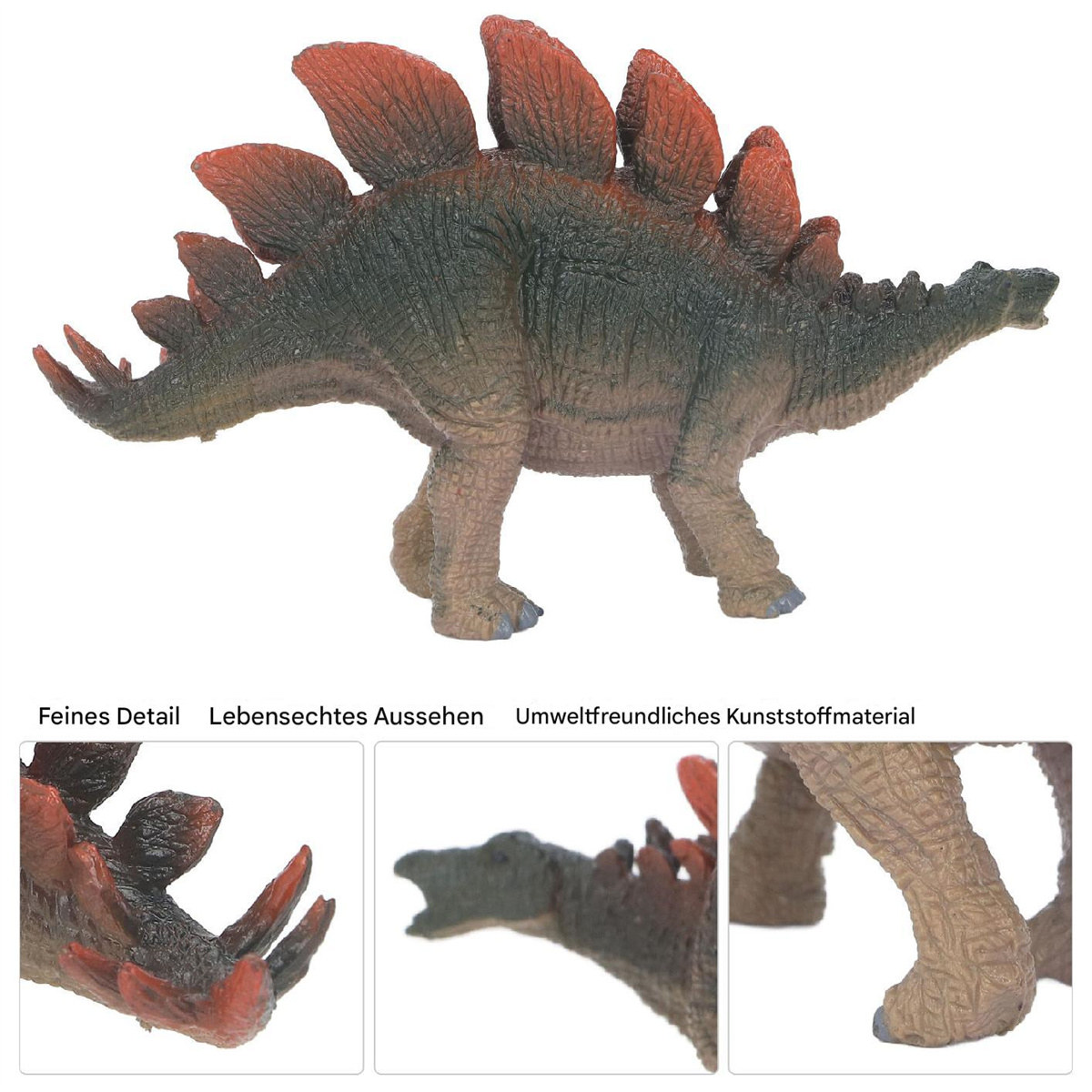 Stegosaurus-Spielzeug. Grüngrau-braun, mit roten Platten, Stacheln und detaillierter Textur.