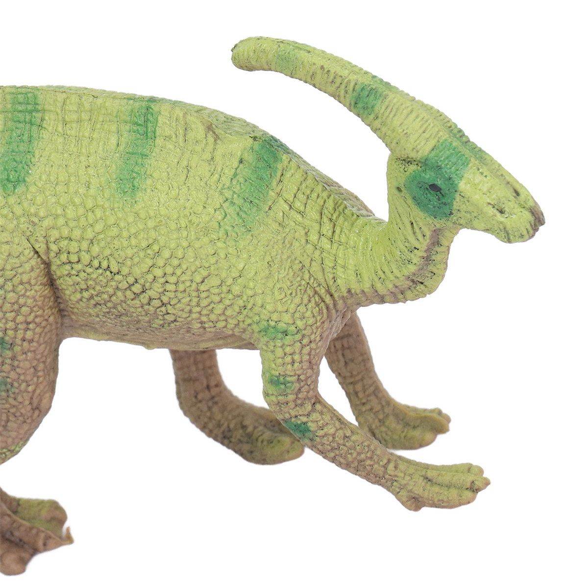 Grünes Parasaurolophus-Dinosaurierspielzeug mit grünen Streifen auf weißem Hintergrund.