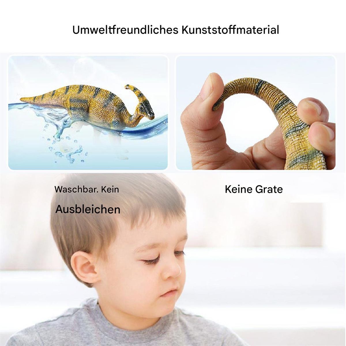 Ein Kind betrachtet ein Spielzeug-Dinosaurier. Nahaufnahmen des Dinosauriers, einer wird angefasst.