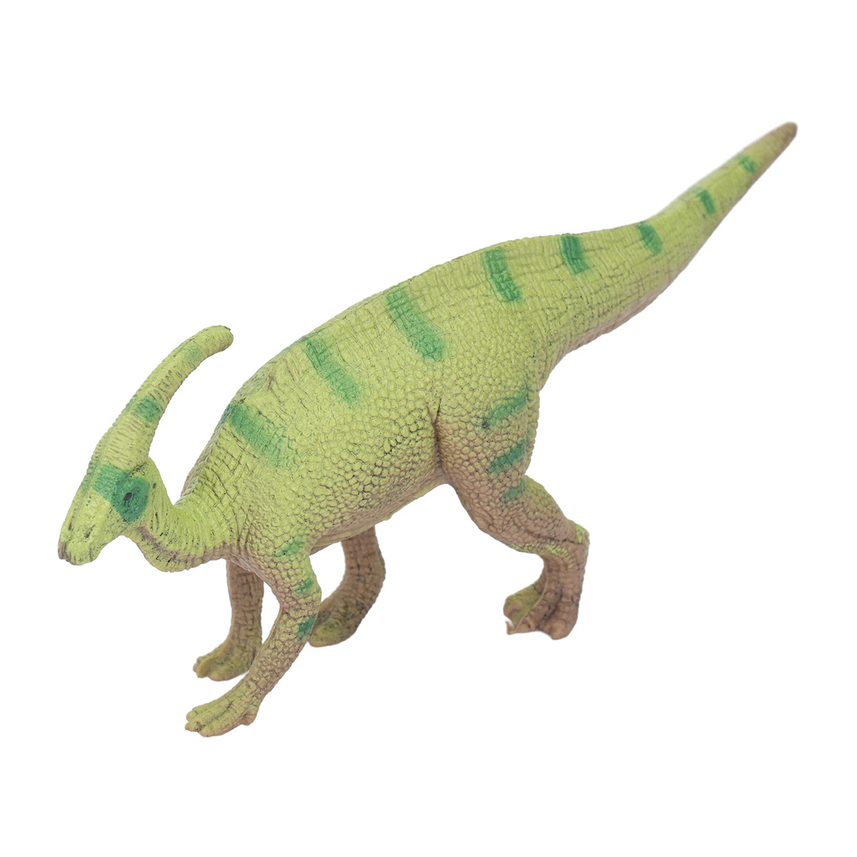 Grünes und gelbes Dinosaurier-Spielzeug steht auf weißem Untergrund.