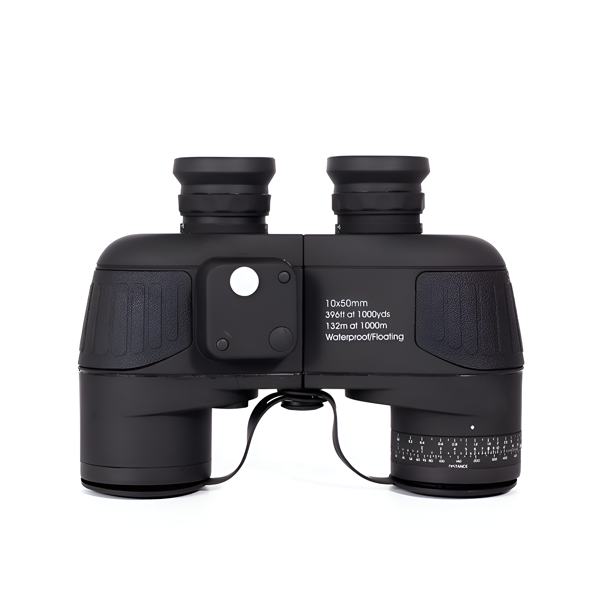 Schwarzes Fernglas mit aufgedruckten Spezifikationen. Das Fernglas steht vor weißem Hintergrund.