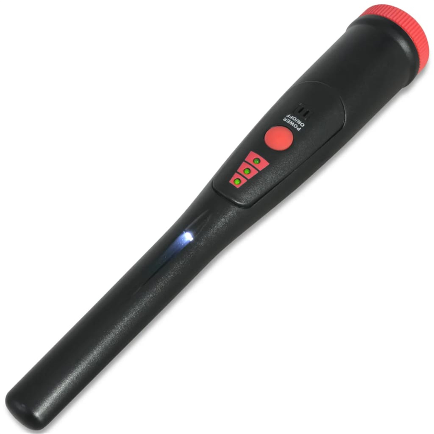 Schwarzes stiftförmiges Gerät mit roter Taste und drei Lichtern. An der Spitze befindet sich ein blaues Licht.