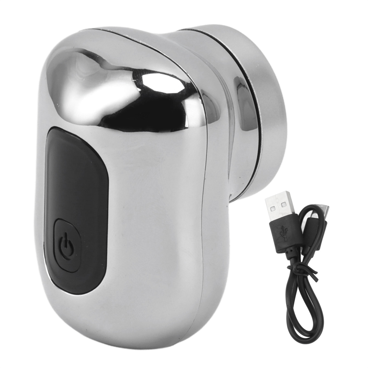 Ein silberner Elektrorasierer mit schwarzem Ein-Aus-Knopf und USB-Kabel.