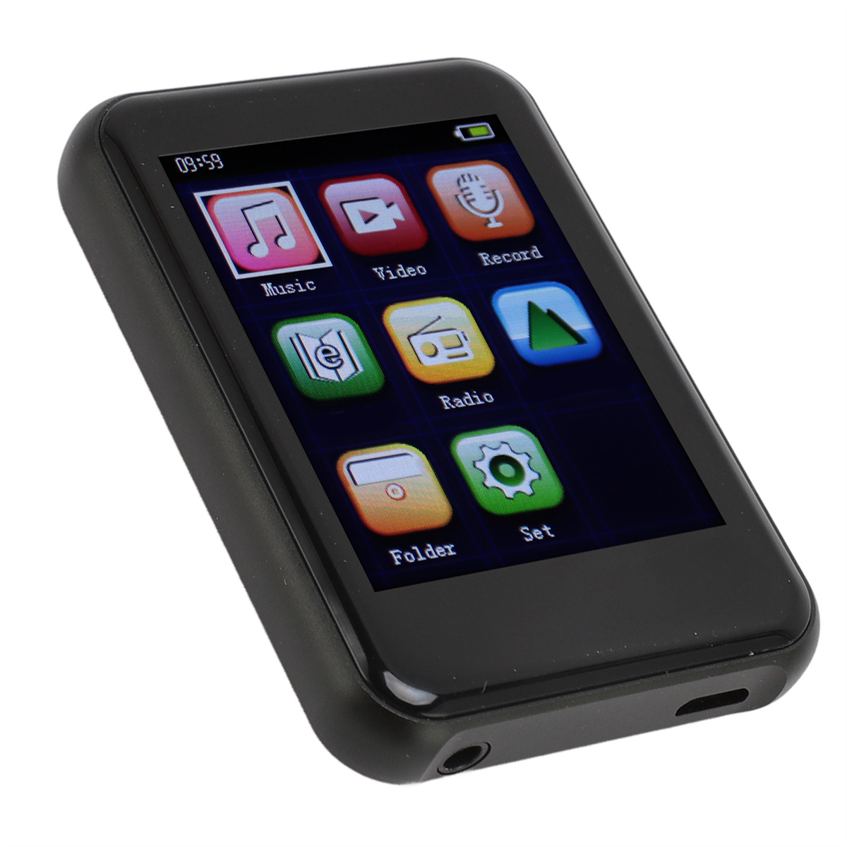 Schwarzer MP3-Player mit Symbolen auf dem Bildschirm. Symbole: Musik, Video, Aufnahme, Radio, Ordner und Einstellungen.