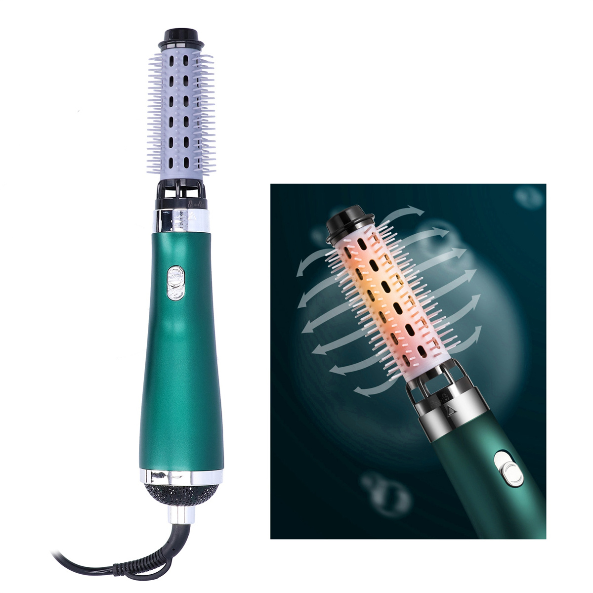 Grüner Haarstyler mit abnehmbarer Bürste. Pfeile zeigen Luftstrom an. Weißer Hintergrund.