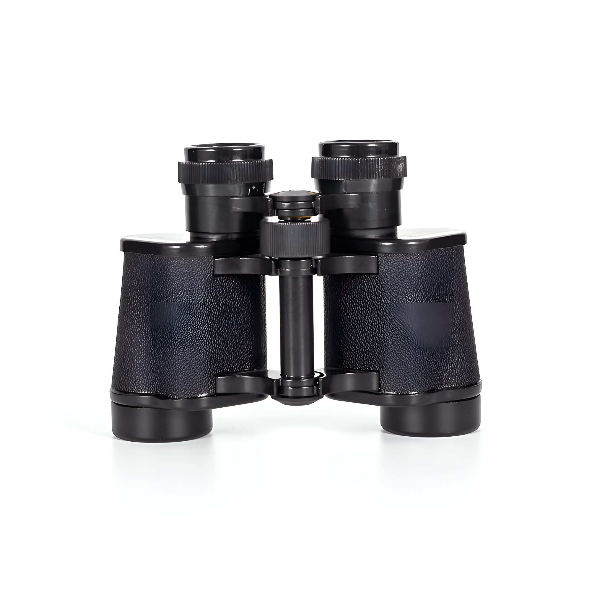 Schwarzes Fernglas mit zentralem Fokussierrad. Die Linsen und das Gehäuse sind schwarz.