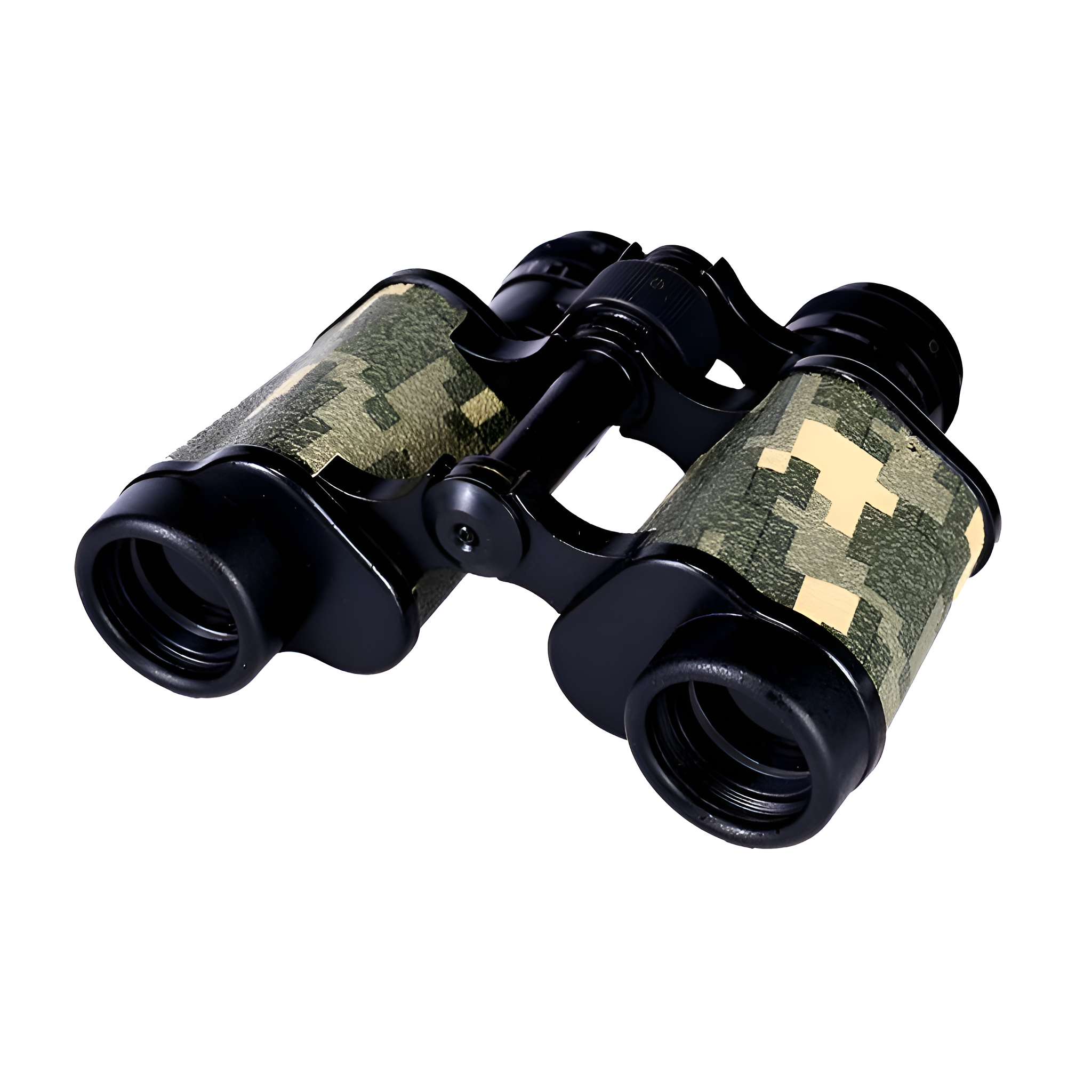 Fernglas mit Tarnmuster. Das Gehäuse ist schwarz und grün. Der Hintergrund ist weiß.