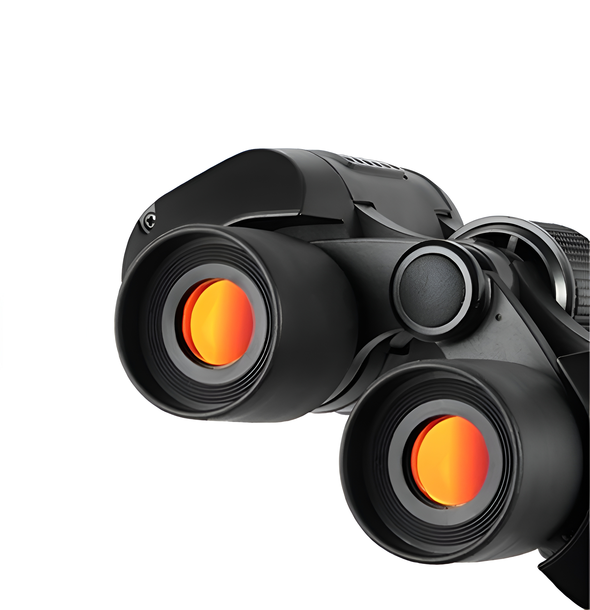 Schwarzes Fernglas mit orangefarbenen Linsen, zum Betrachter geneigt, weißer Hintergrund.