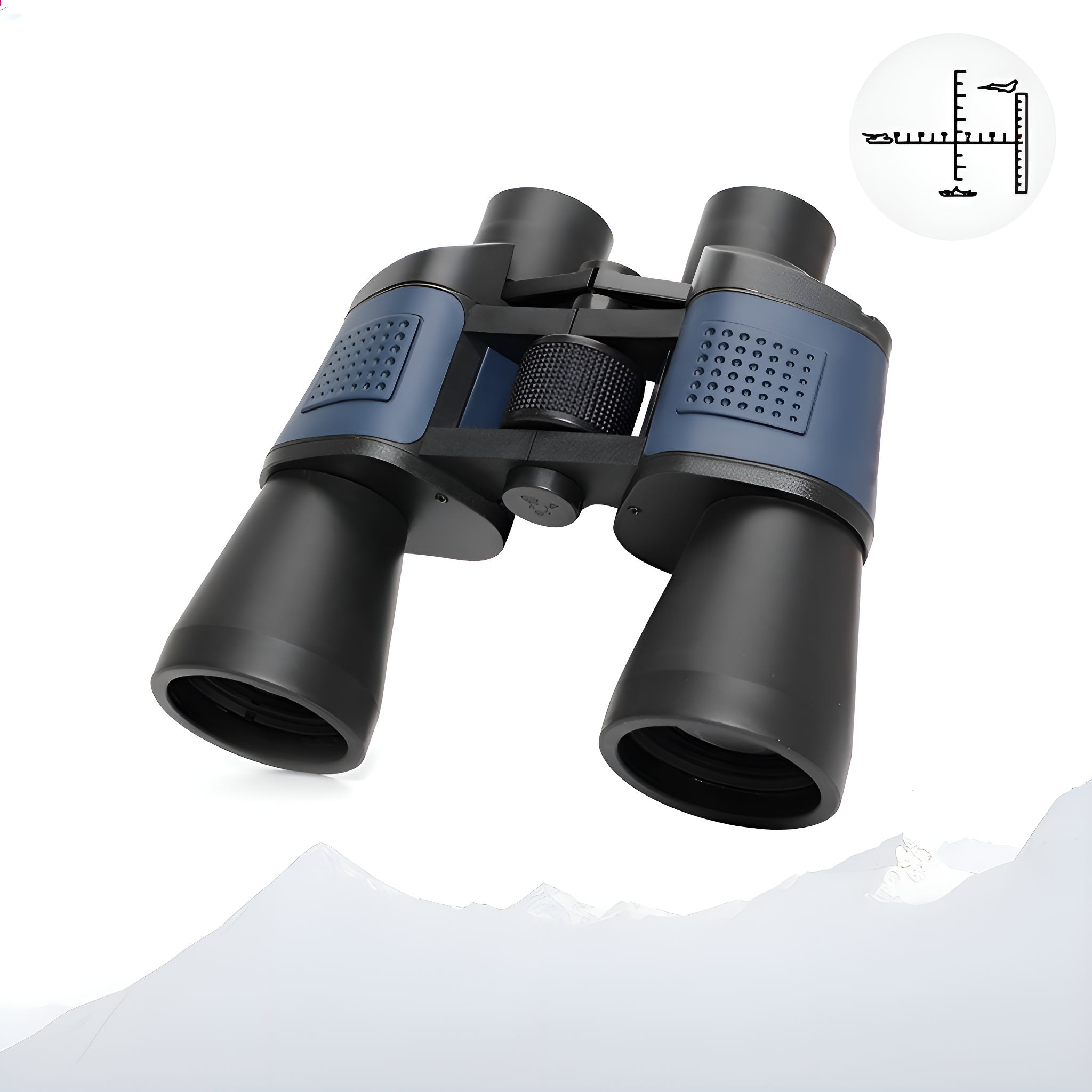 Fernglas in Schwarz und Blau auf weißem Hintergrund. Es gibt ein kleines Maßstabssymbol.