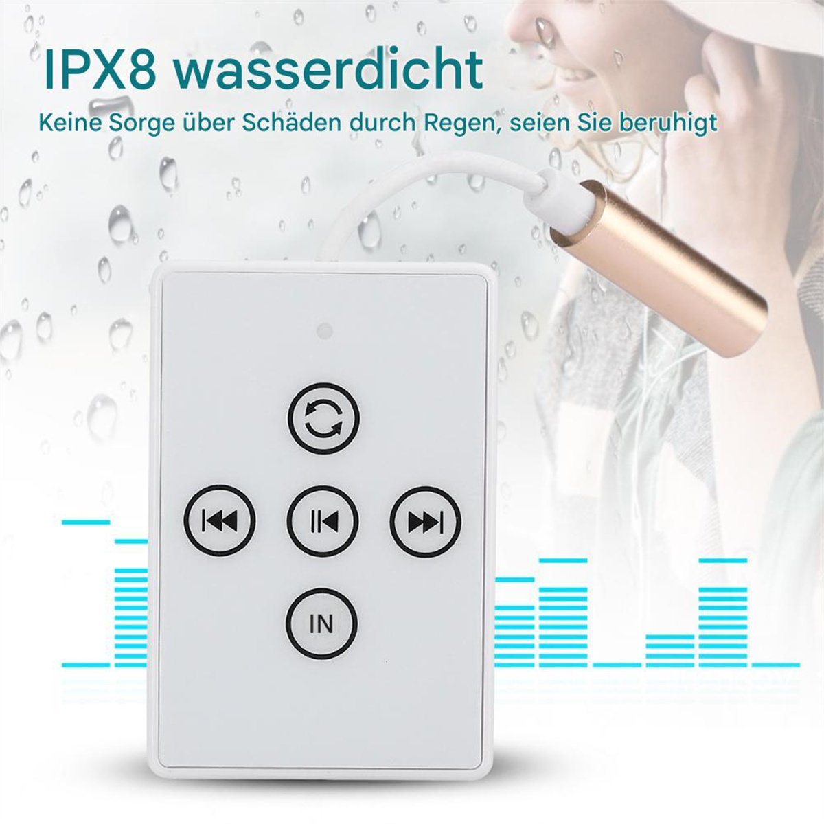 Eine weiße, rechteckige Fernbedienung mit Knöpfen. Sie hat oben einen goldfarbenen Stecker und ein Kabel.
