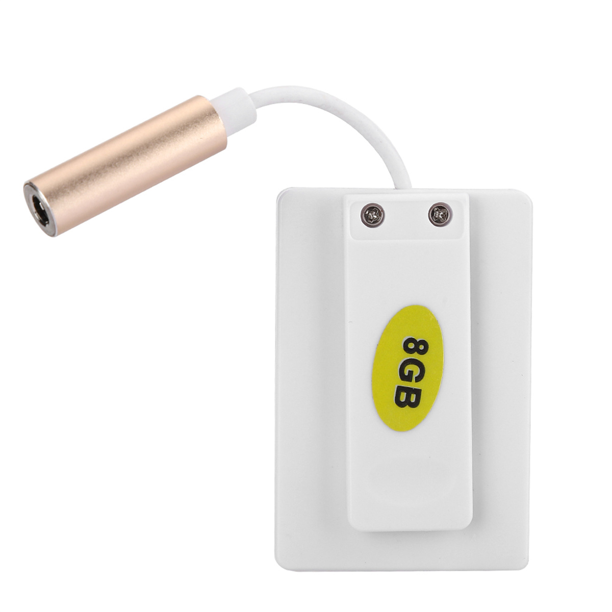 Weißer 8GB Audioadapter mit goldfarbenem Stecker. Es hat einen Clip auf der Rückseite.