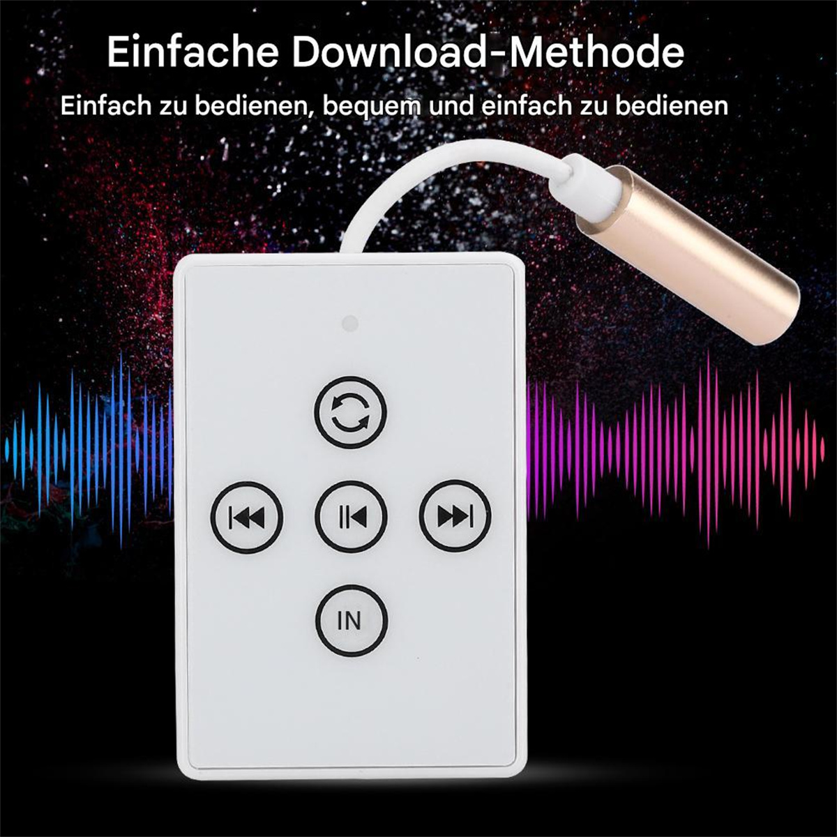 Weißes Gerät mit Knöpfen und Audio-Wave-Grafiken. Ein goldfarbener Stecker mit weißem Kabel.