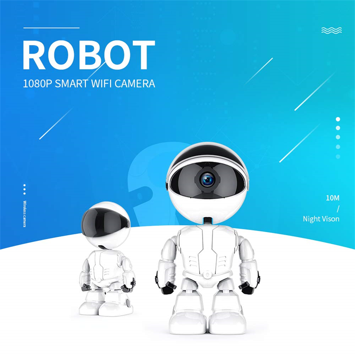 Zwei weiße Roboter-Kameras auf blauem Hintergrund mit Text.