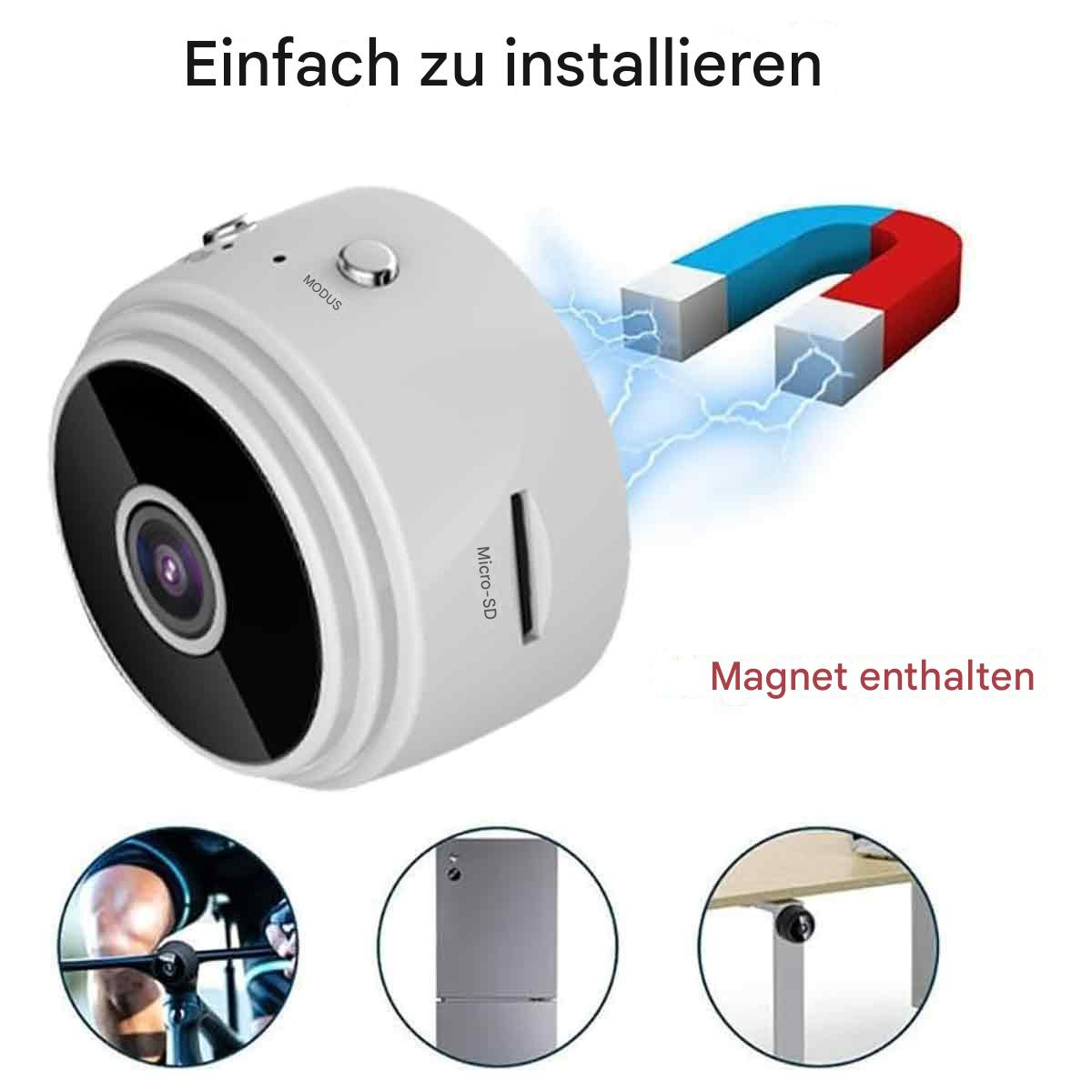 Eine kleine weiße Überwachungskamera mit Magnet und drei Beispiel-Montageoptionen.