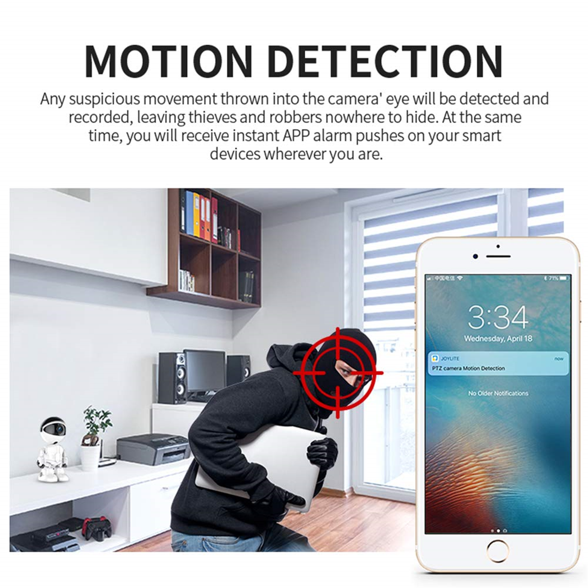 Ein Dieb mit Maske stiehlt einen Laptop, während eine App Benachrichtigungen sendet.