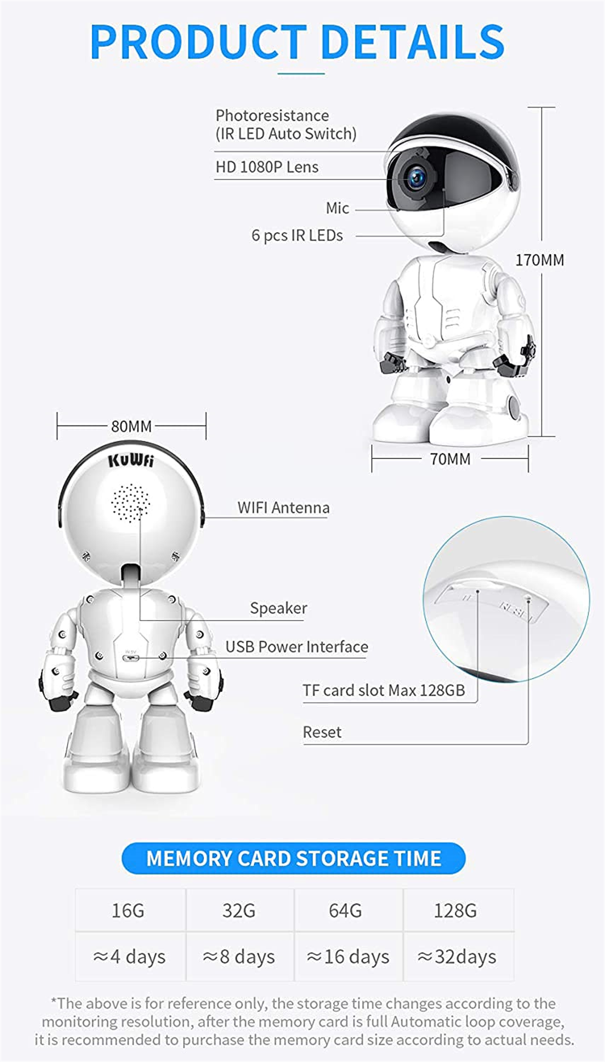 Weiße Roboter-Kamera mit HD-Objektiv, Mikrofon, 6 IR-LEDs, WLAN-Antenne.