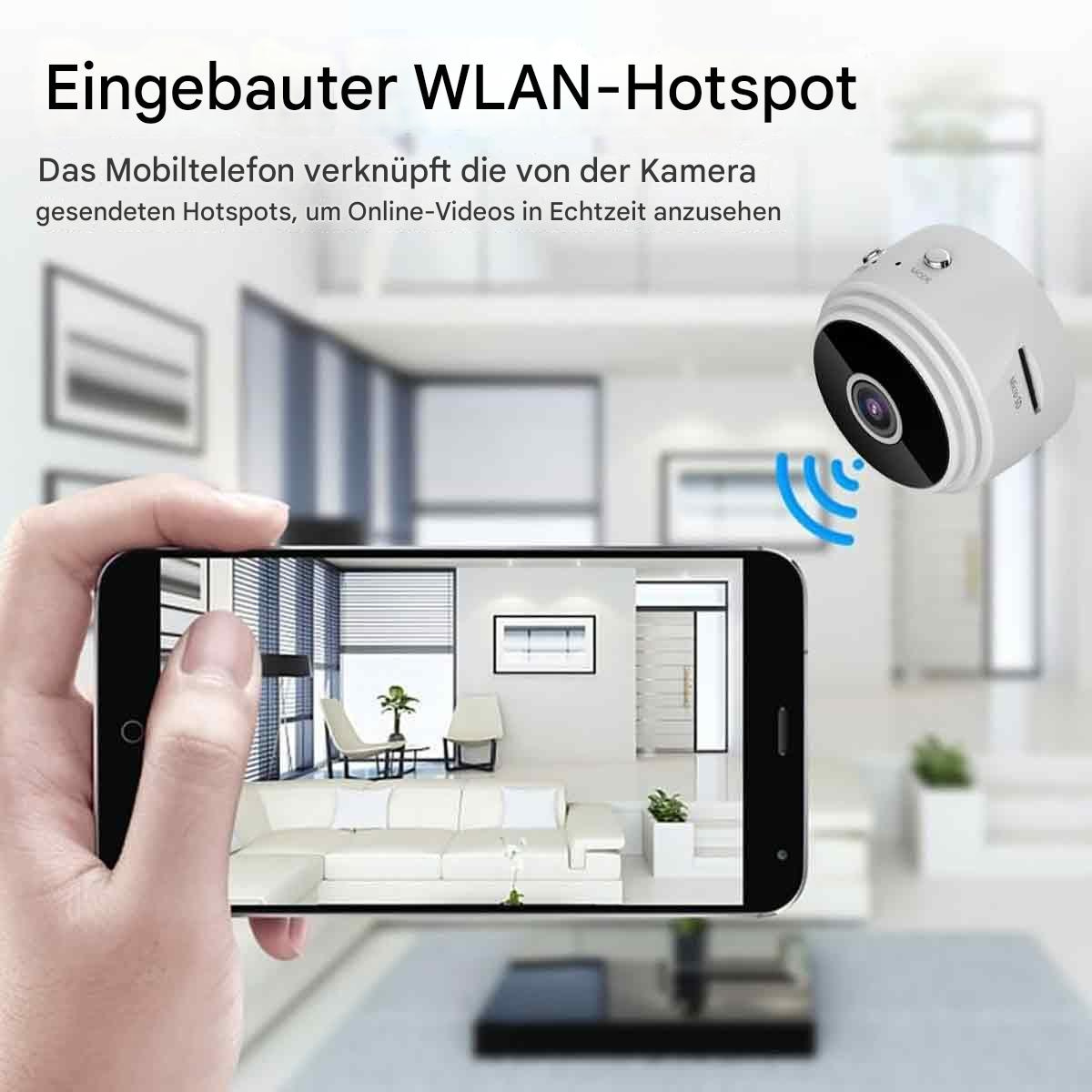 Person hält Smartphone mit Wohnzimmer. Kleine weiße Kamera streamt. Text: WLAN-Hotspot.