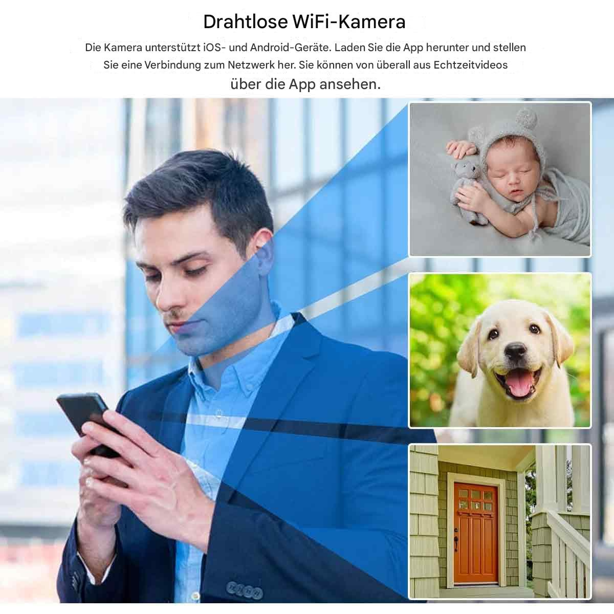 Mann schaut auf Telefon, mit Bildern von Baby, Welpen und Haus auf dem Bildschirm.
