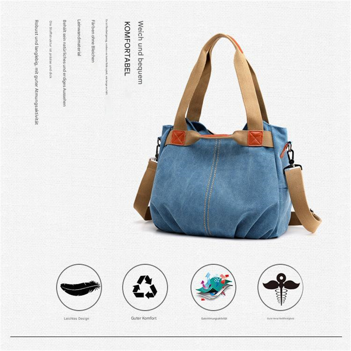 Blaue Canvas-Tragetasche mit braunen Trägern und Akzenten. Unter der Tasche befinden sich Symbole.